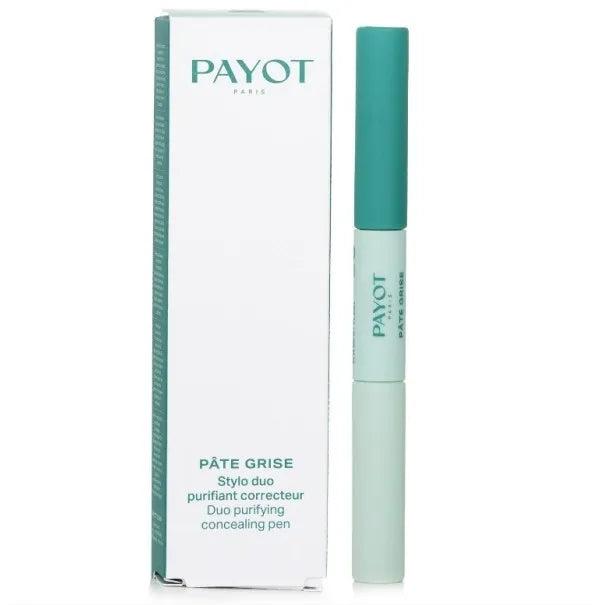 Correcteur Stylo 2-en-1 Pâte Grise Payot, soin ciblé pour assécher les imperfections, unifier le teint et corriger localement les boutons.