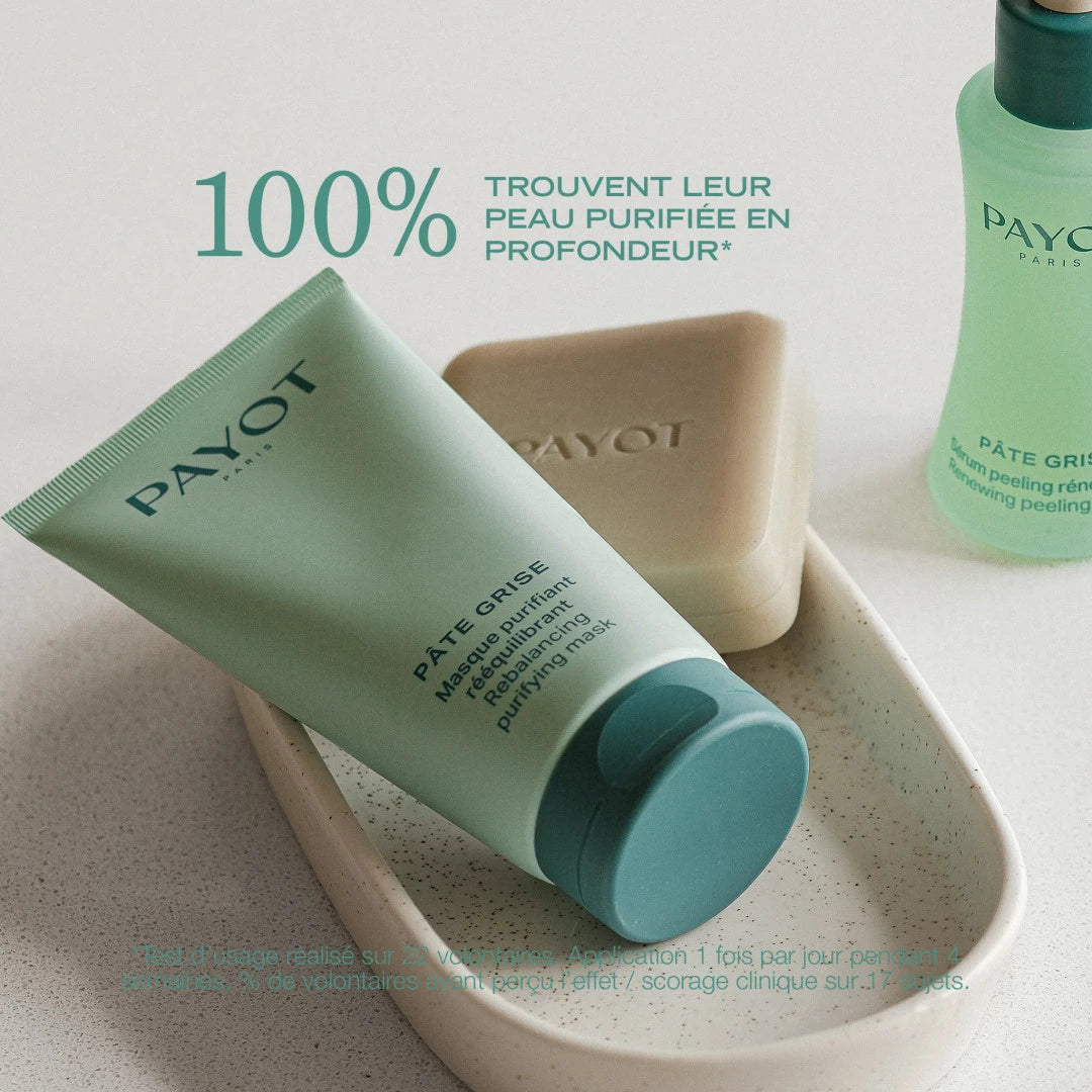 Masque Purifiant Rééquilibrant 75ml Pâte Grise Payot, soin détoxifiant pour purifier la peau, absorber l’excès de sébum et rééquilibrer le teint.