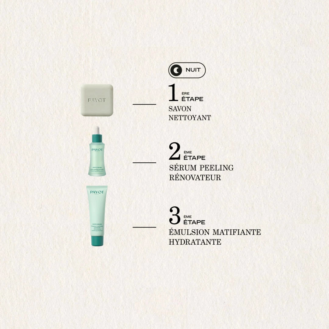 Sérum Peeling Rénovateur 30ml Pâte Grise Payot, soin resurfaçant pour affiner le grain de peau, réduire les imperfections et raviver l’éclat.
