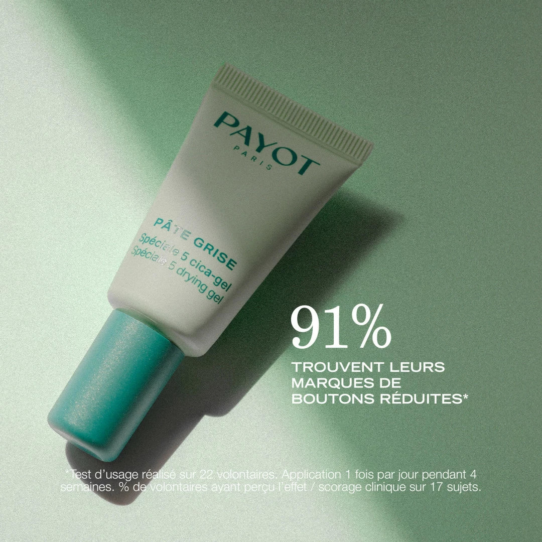 Spéciale 5 Cica Gel 15ml Pâte Grise Payot, soin local purifiant pour assécher les imperfections, apaiser la peau et favoriser la cicatrisation.