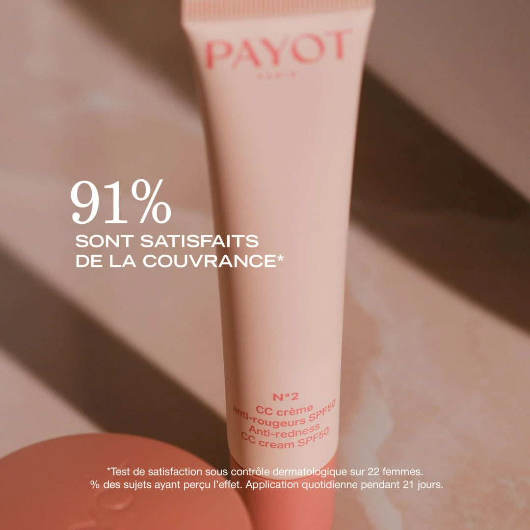 CC Crème Anti-Rougeurs SPF 50 N°2 Payot, soin teinté correcteur pour unifier le teint, apaiser les rougeurs et protéger la peau des UV