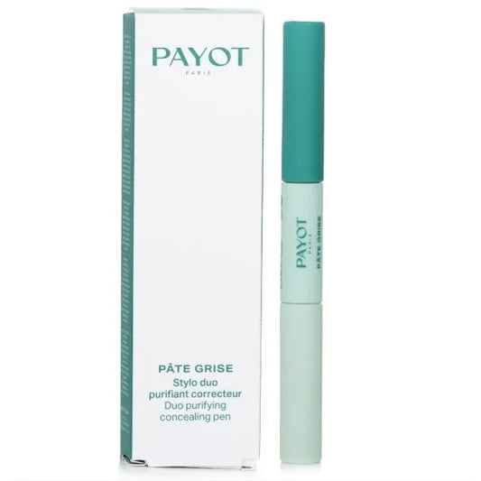 Correcteur Stylo 2-en-1 Pâte Grise Payot, soin ciblé pour assécher les imperfections, unifier le teint et corriger localement les boutons.

