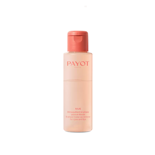 	Lotion Bi-Phasée Démaquillante Yeux 100ml Nue Payot, démaquille et élimine le maquillage waterproof sans agresser la peau délicate autour des yeux.