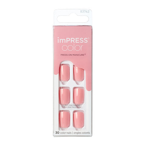 Faux ongles Impress-Kiss Pretty Pink en vente sur Routine Glow Up, teinte rose douce, look féminin, application rapide et sans colle